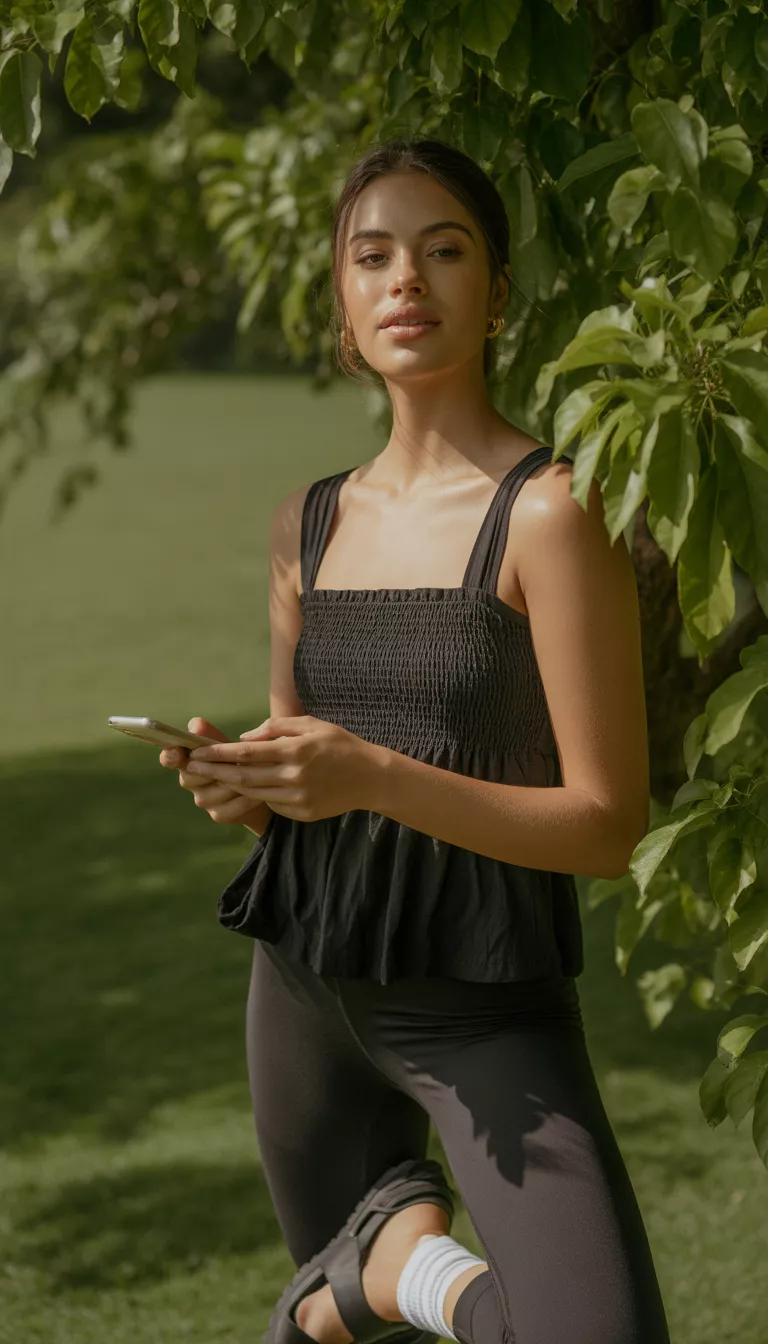 A beautiful woman in a black smocked cami top, black leggings, chunky black sandals with white socks, she holds a phone in a sunny leafy setting.