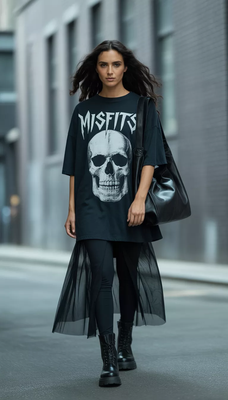 A beautiful woman in an oversized black Misfits skull graphic top, a long sheer black skirt over bottoms, black boots, she carries a dark shoulder bag outdoors.