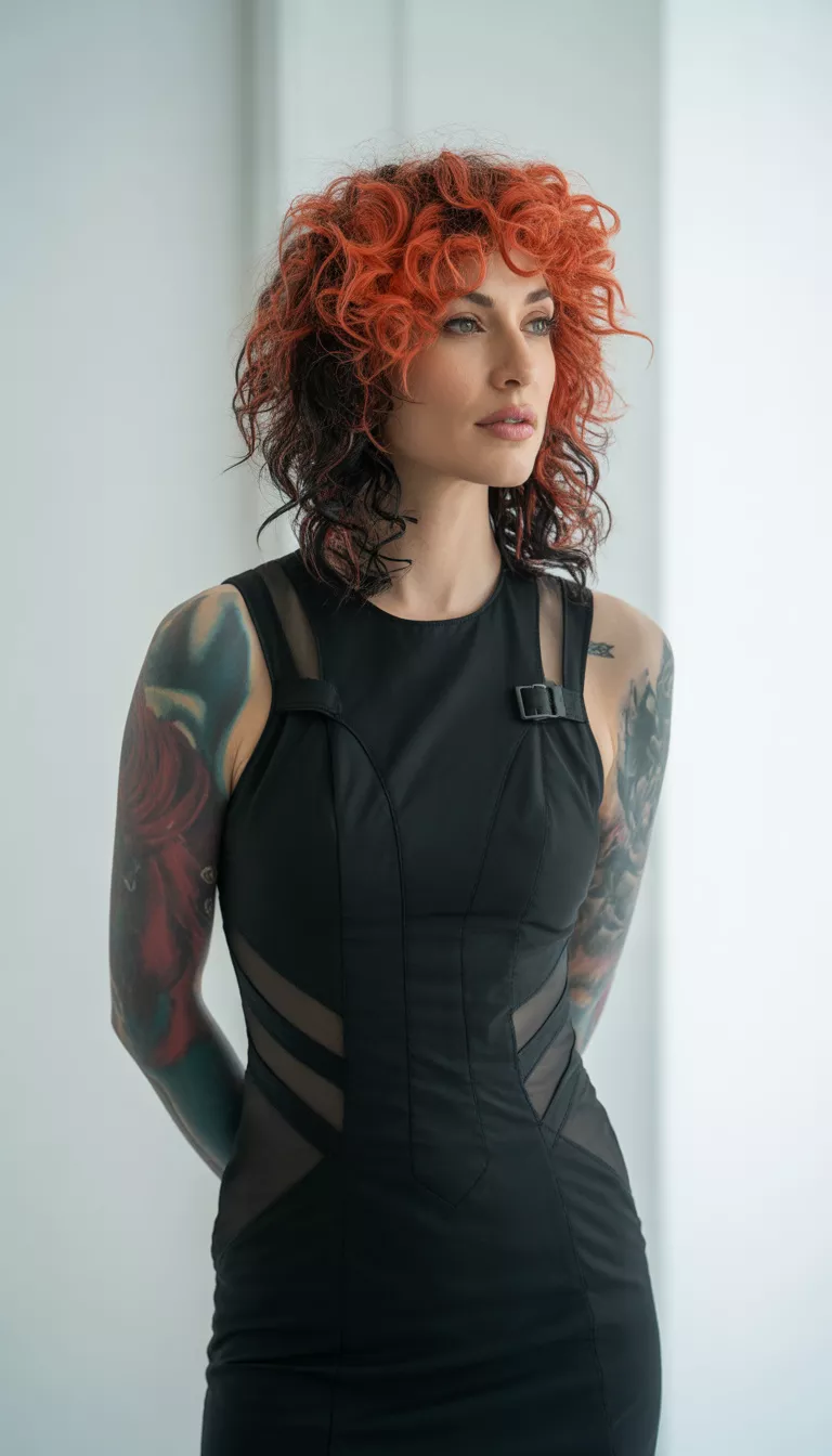 A beautiful tattooed woman in a black form-fitting dress with multiple buckles and mesh panels, she has bright red and black hair and stands against a white background.