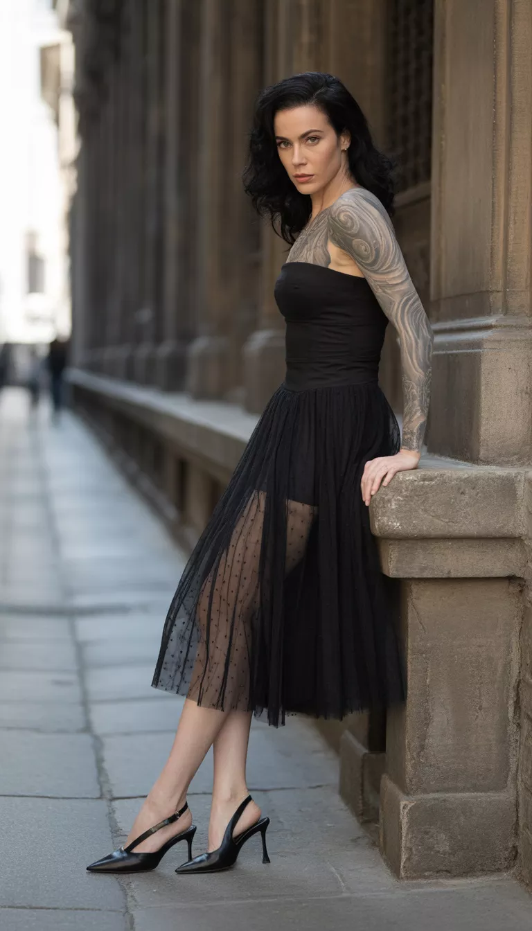 A beautiful tattooed woman in a black strapless midi dress with sheer detailing and black split-toe shoes, she poses by an old building in a European city street.