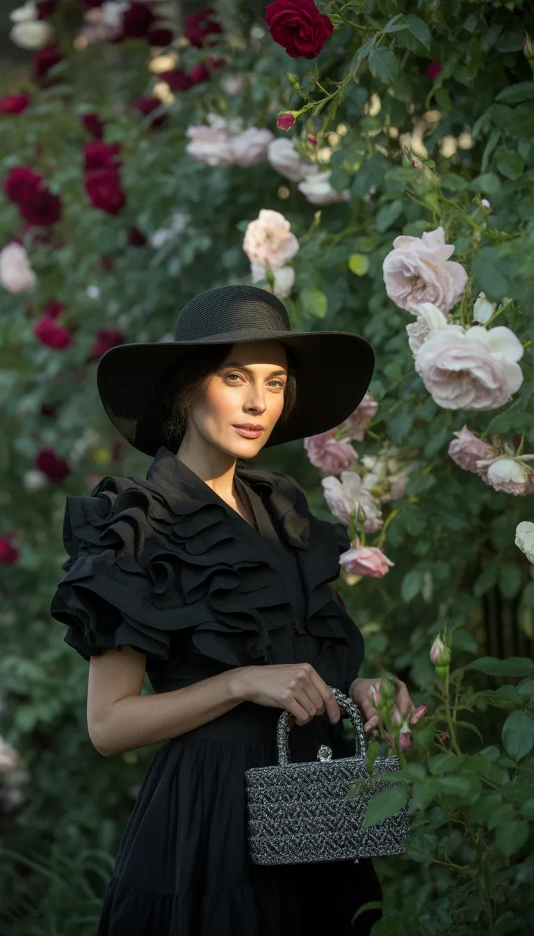 A beautiful woman in a voluminous ruffled black dress, a large black sun hat, she holds a detailed black handbag in a Victorian-style garden setting.