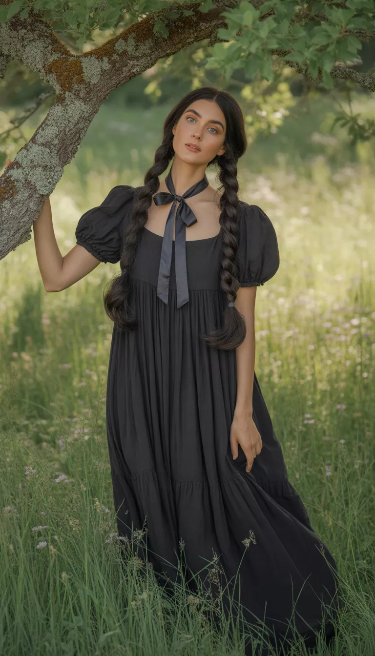 A beautiful woman in a long flowing black babydoll dress with puffed sleeves and a neck bow, she has long black pigtails and poses in a lush green setting.