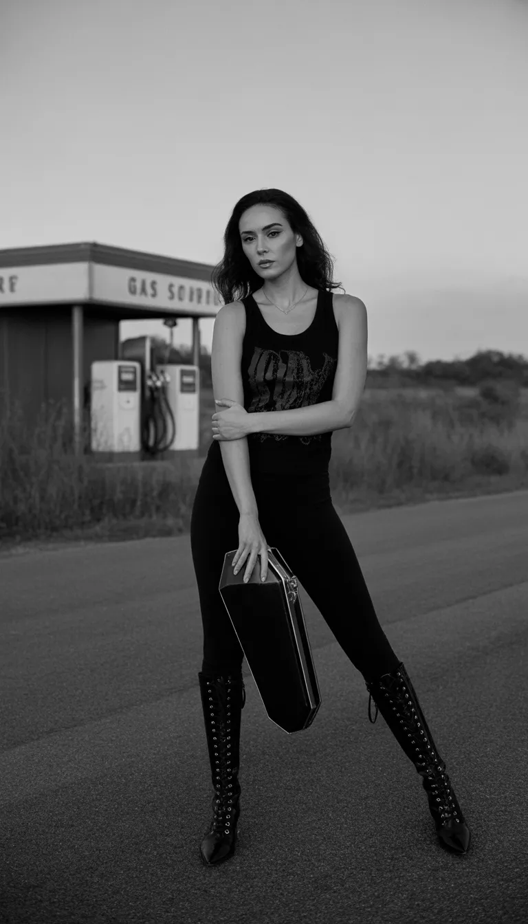 A beautiful woman in a black graphic tank top, black leggings, tall lace-up black boots, she holds a black coffin clutch while posing on a roadside in a grayscale image.