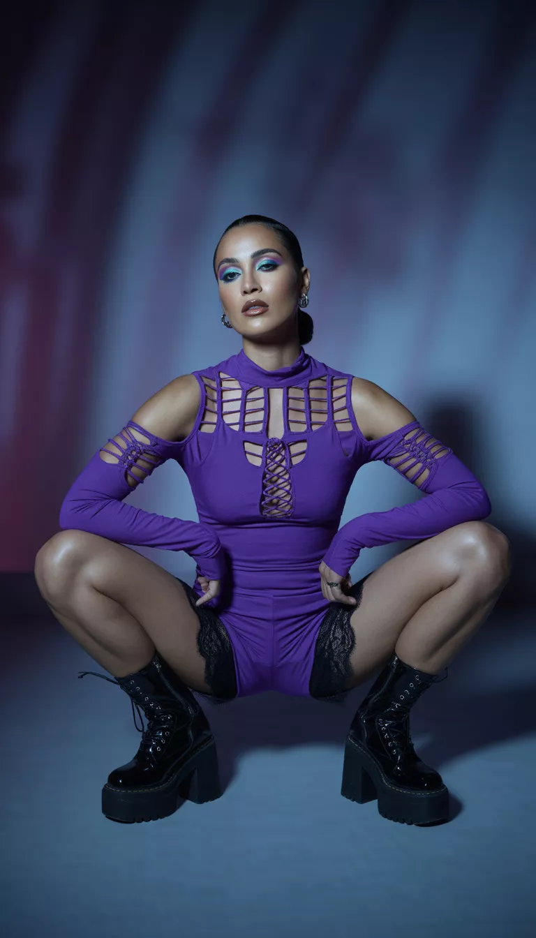 A beautiful woman in a purple cold-shoulder top with mesh cutouts, black lace-trimmed shorts, black platform combat boots, she stands indoors with elaborate makeup.
