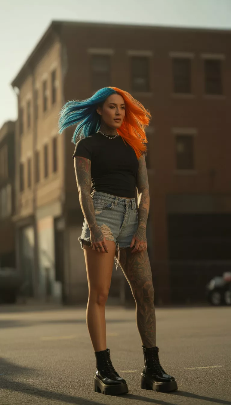 A beautiful tattooed woman in a black tee, denim shorts, and black platform boots, she stands outdoors near a building with her two-toned hair visible.