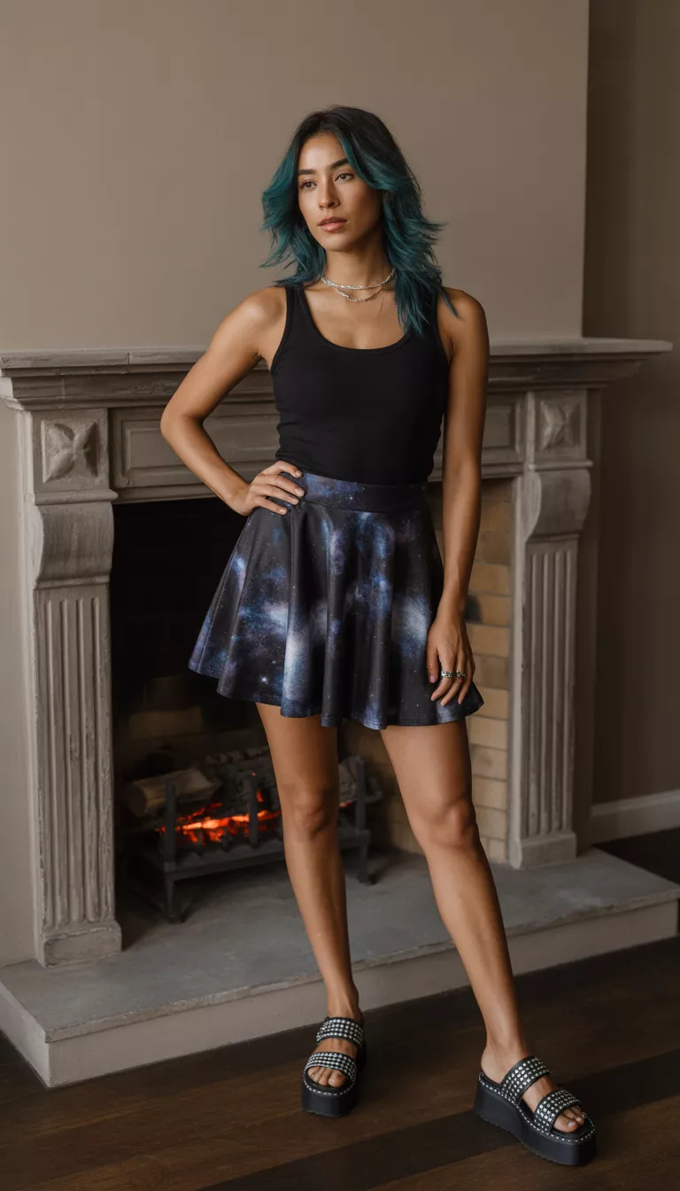 A beautiful woman in a black celestial print skater skirt, a black tank top, studded platform sandals, she stands before a stone fireplace with blue-streaked hair.