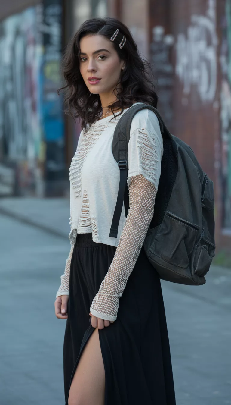 A beautiful woman in a white band tee layered over fishnet sleeves, a black high-slit skirt, she carries a black backpack and wears barrettes in her dark hair.