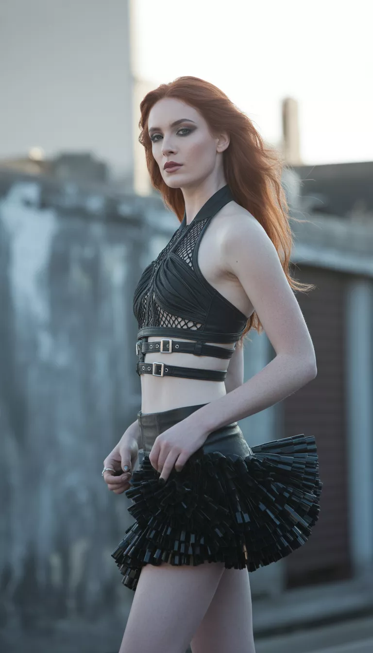 A beautiful red-haired woman in a black halter crop top with mesh and buckle details, a black ruffled mini skirt, she wears heavy makeup outdoors.