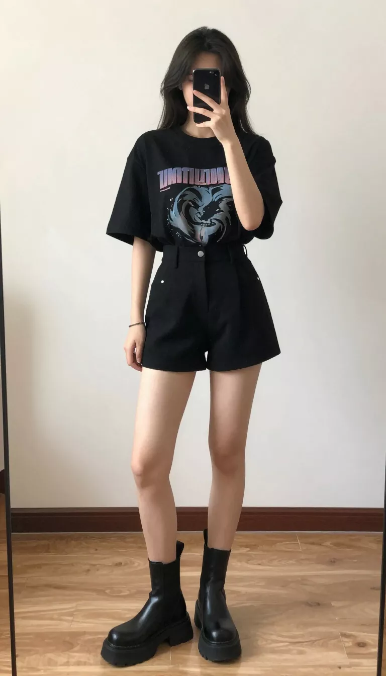 A beautiful woman in an oversized black graphic t-shirt tucked into high-waisted black shorts, black platform boots, she takes a mirror selfie in a room with wooden floors.