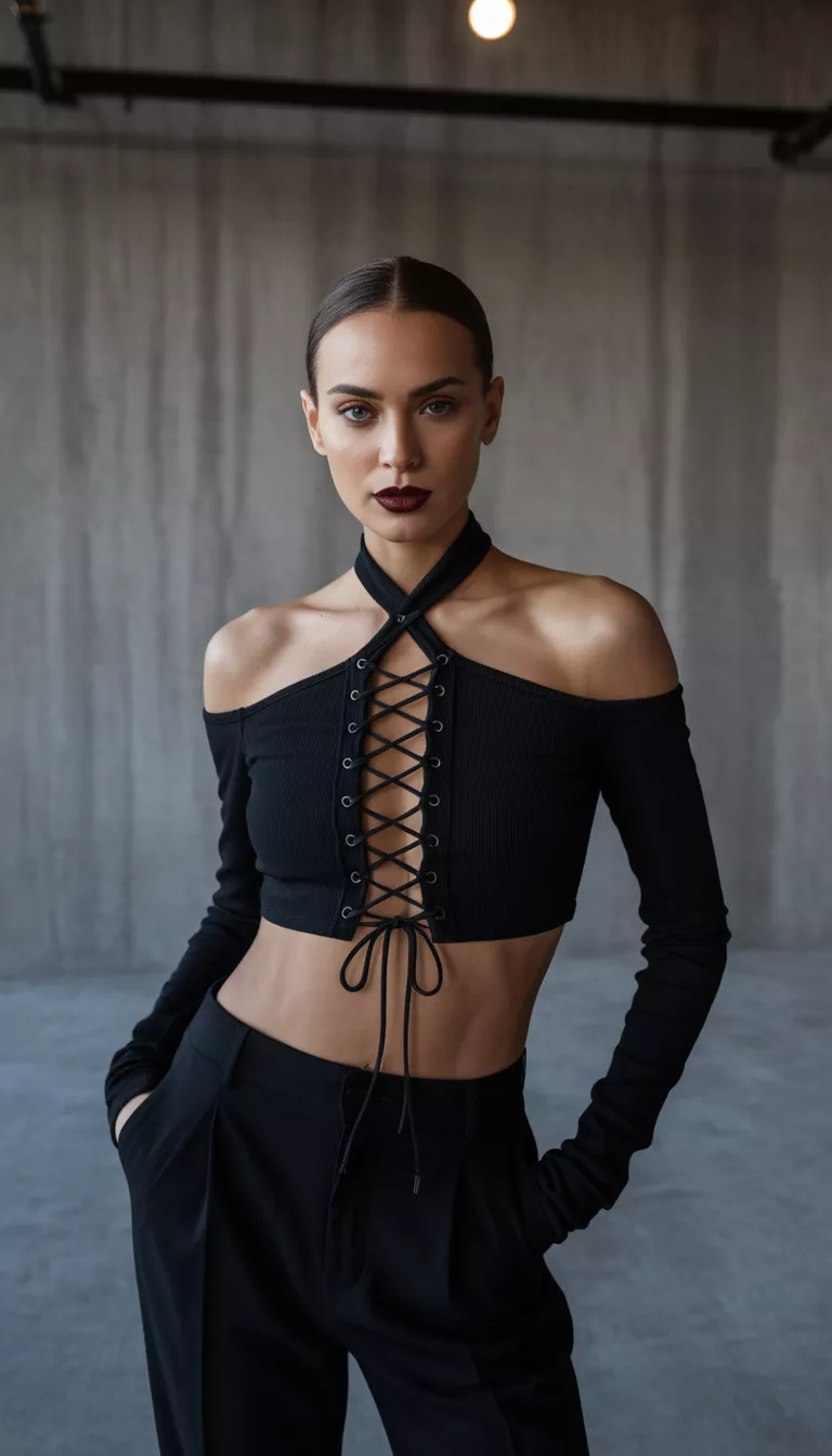 A beautiful woman in a black off-the-shoulder lace-up crop top secured by a neck halter, black bottoms, wearing dark lipstick outside.