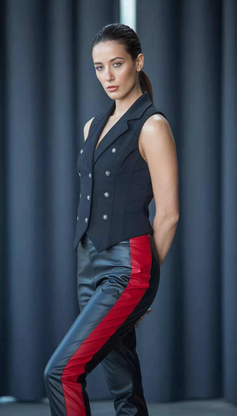 A beautiful woman in a structured black button-up vest with silver studs, tight black faux leather pants with a red lining, posing in a studio setting.