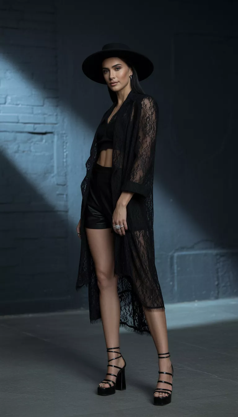A beautiful woman in a black lace high-low duster over short black bottoms, a wide-brim black hat, strappy platform heels, posing in a stylized goth look.