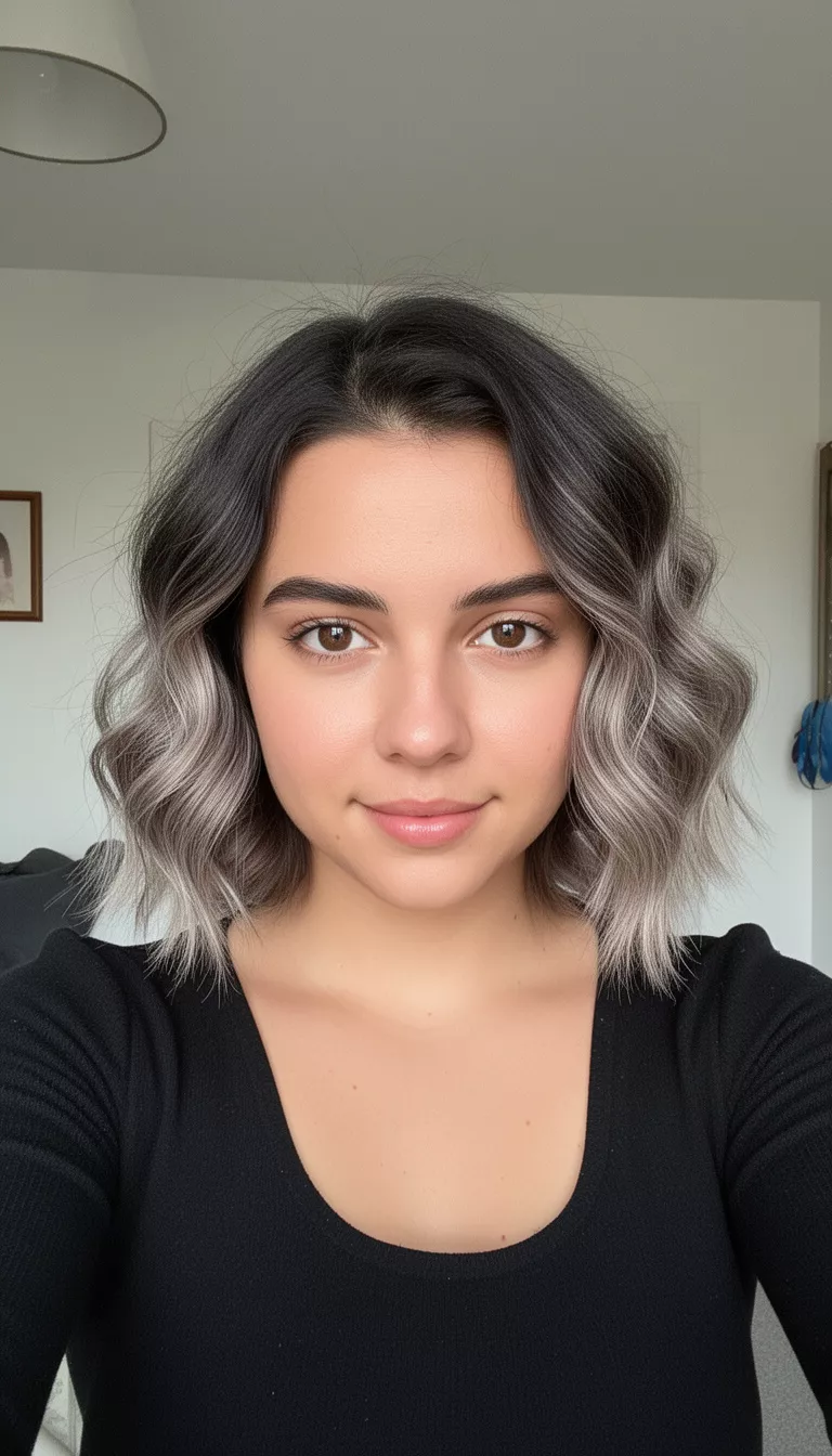 selfie of a 28-year-old woman wearing a black top with a dark roots and lighter wavy chin-length colored hairstyle, front view, close-up background setting.