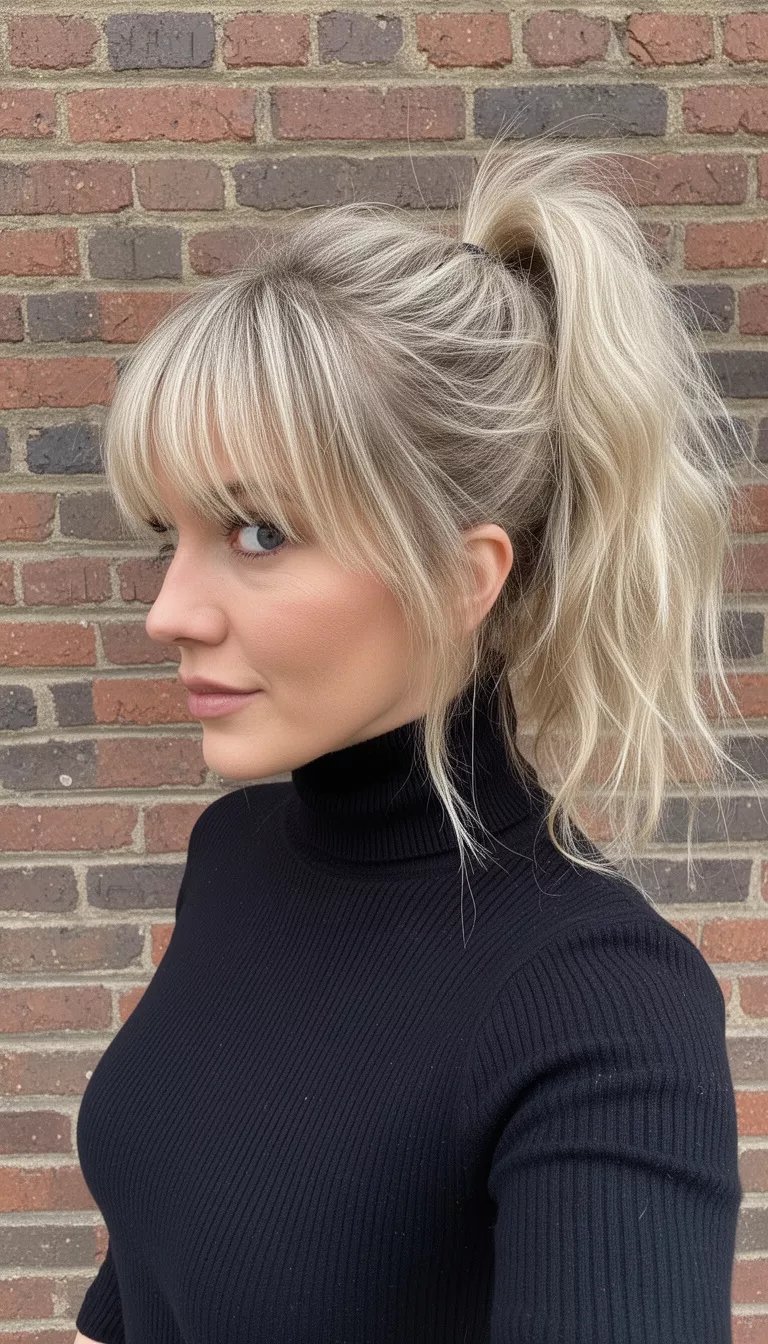 selfie of a 30-year-old woman wearing a black turtleneck with a blonde colored high messy ponytail with bangs hairstyle, side view, brick wall background setting.