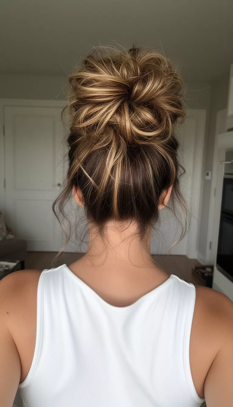 selfie of a 41-year-old woman wearing a white top with a brown and blonde highlighted colored messy textured high bun hairstyle, back view, indoor background setting.