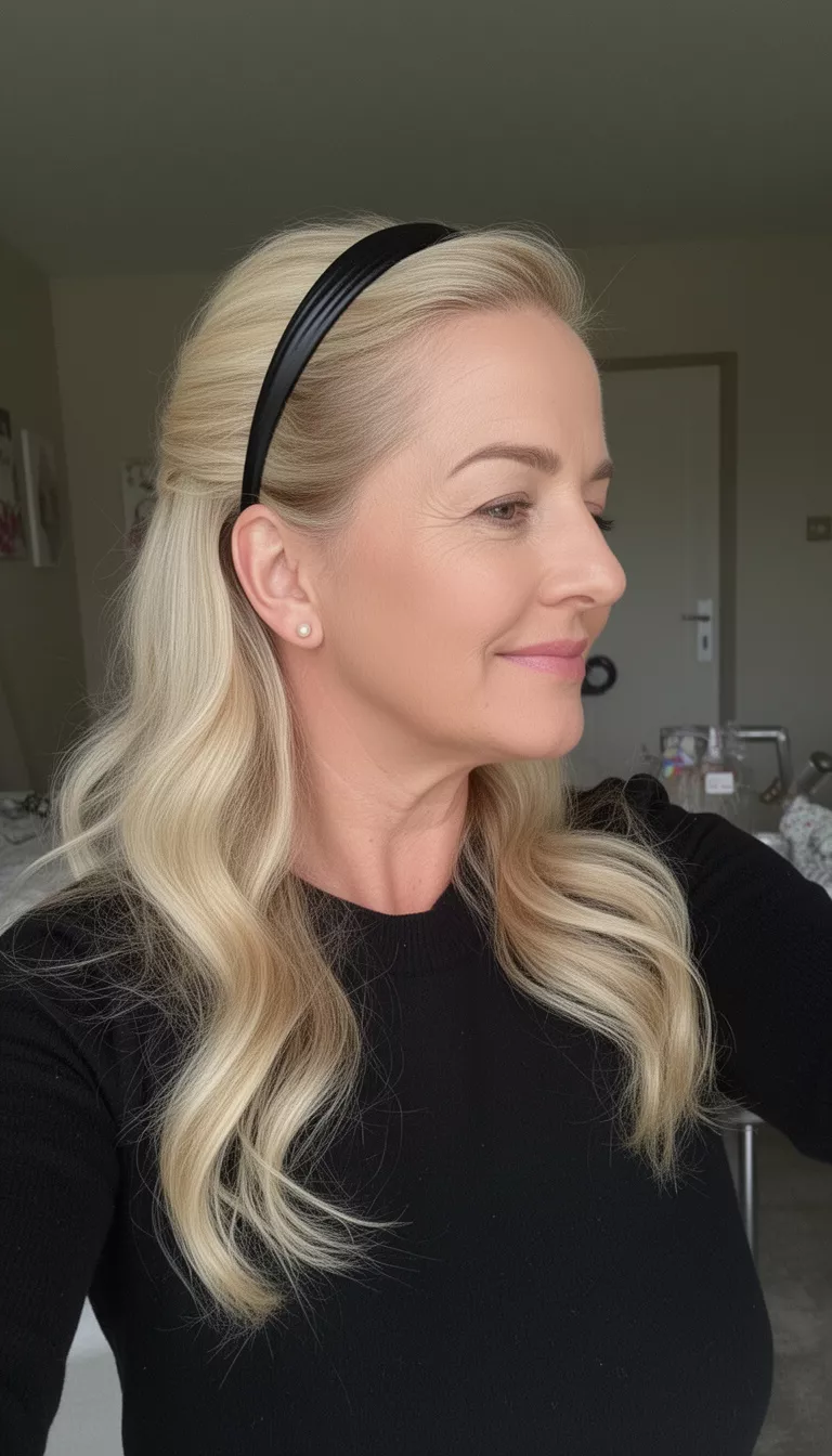 selfie of a 49-year-old woman wearing a black top with a blonde colored long wavy hair pulled back with a black headband hairstyle, side view, indoor background setting.