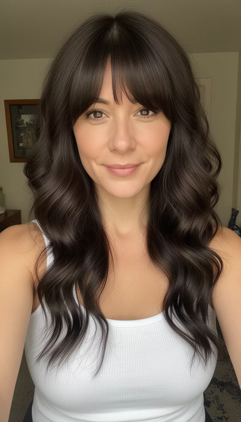 selfie of a 36-year-old woman wearing a white tank top with a long wavy dark brown colored hair with layers and bangs hairstyle, front view, indoor background setting.