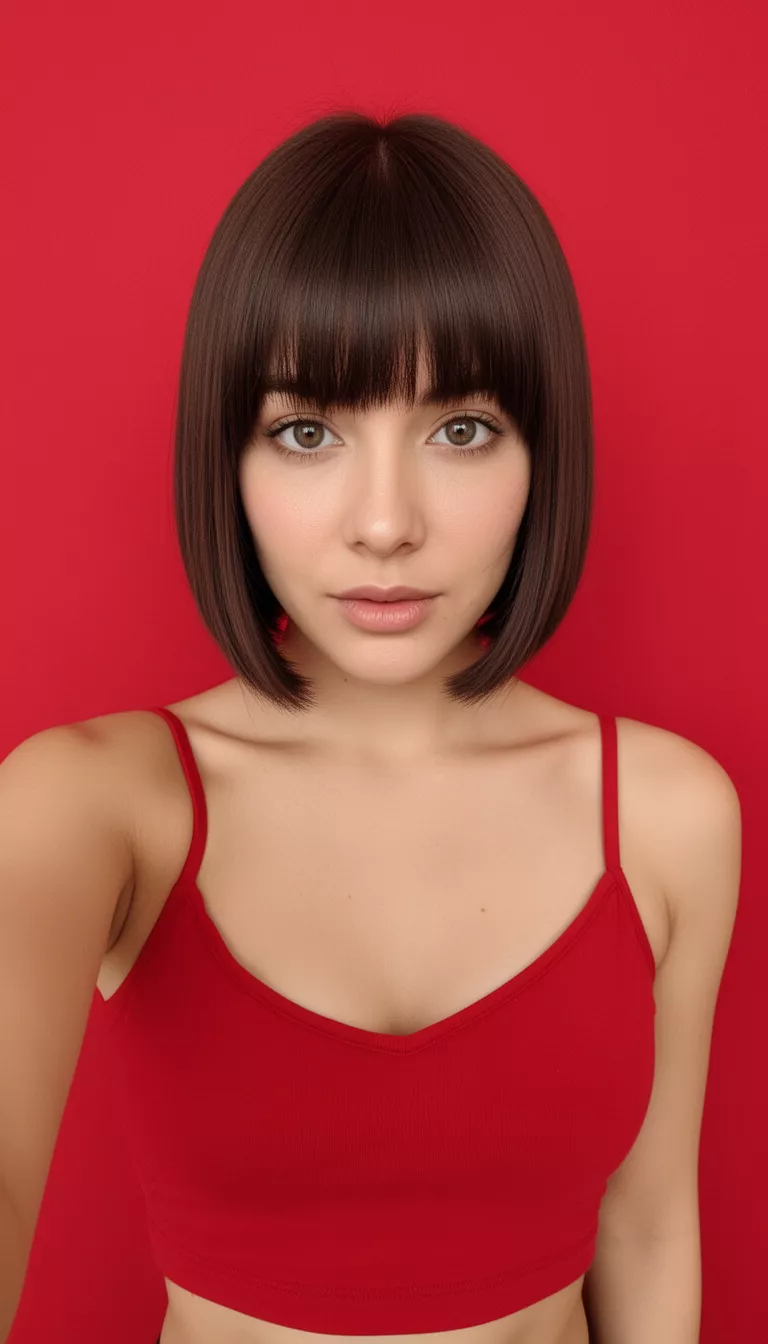 selfie of a 27-year-old woman wearing a red cropped camisole top with a dark brown colored straight chin-length bob hairstyle, front view, red backdrop background setting.