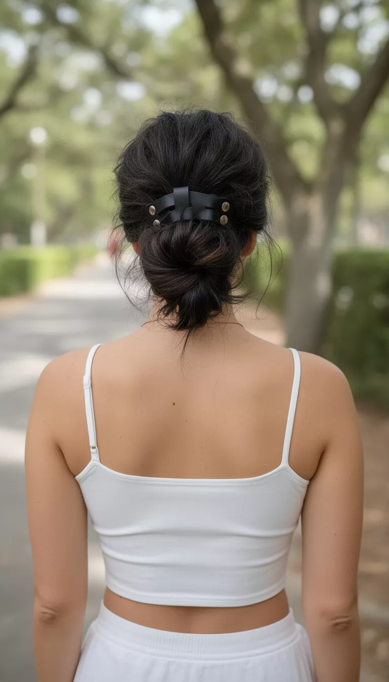 photo of a 31-year-old woman wearing a white crop top with a dark colored messy bun secured with a black leather hair accessory hairstyle, back view, outdoor background setting.
