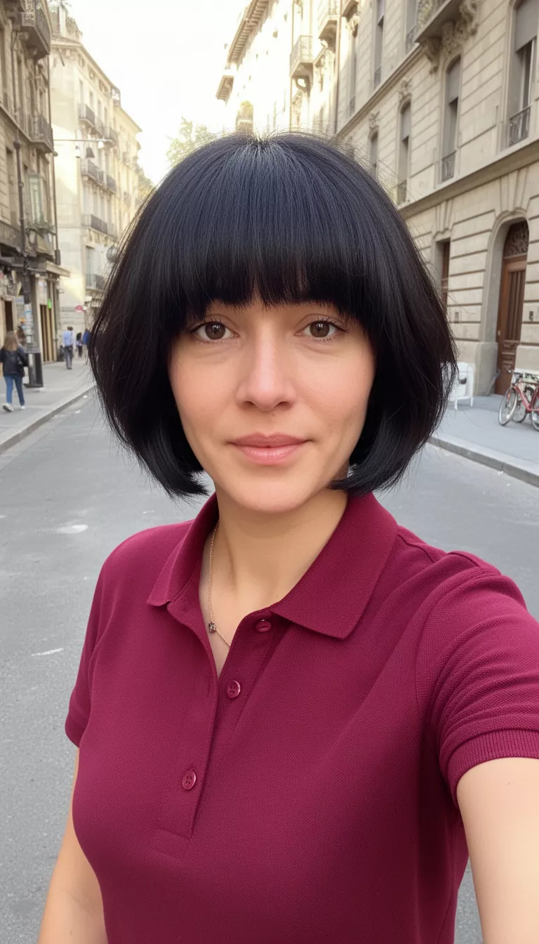 selfie of a 32-year-old woman wearing a burgundy collared polo top with a dark colored short layered hairstyle with bangs hairstyle, front view, street background setting.