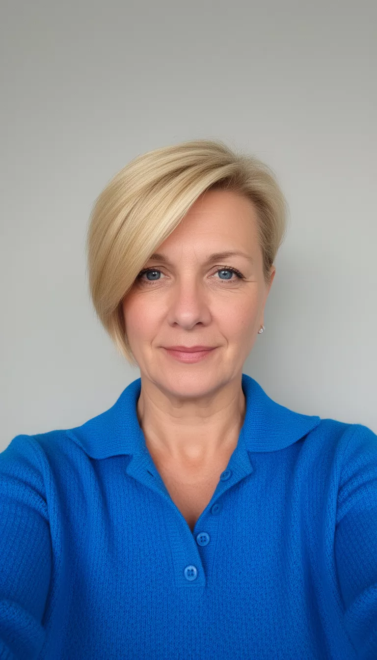 selfie of a 48-year-old woman wearing a bright blue collared knit top with a blonde colored short side-swept hairstyle, front view, plain light gray background setting.