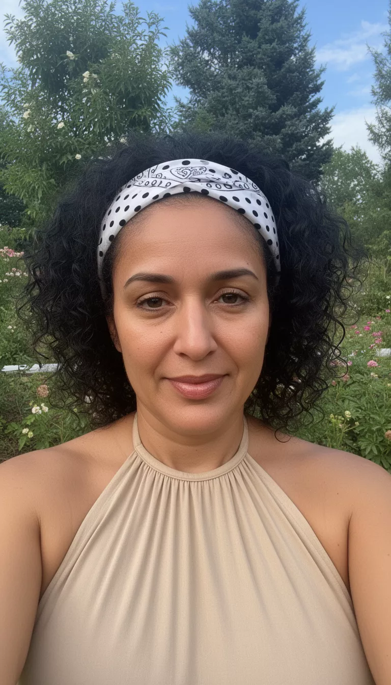 selfie of a 38-year-old woman wearing a beige halter top with a dark curly hair covered by a white and black polka dot bandana hairstyle, front view, outdoors background setting.