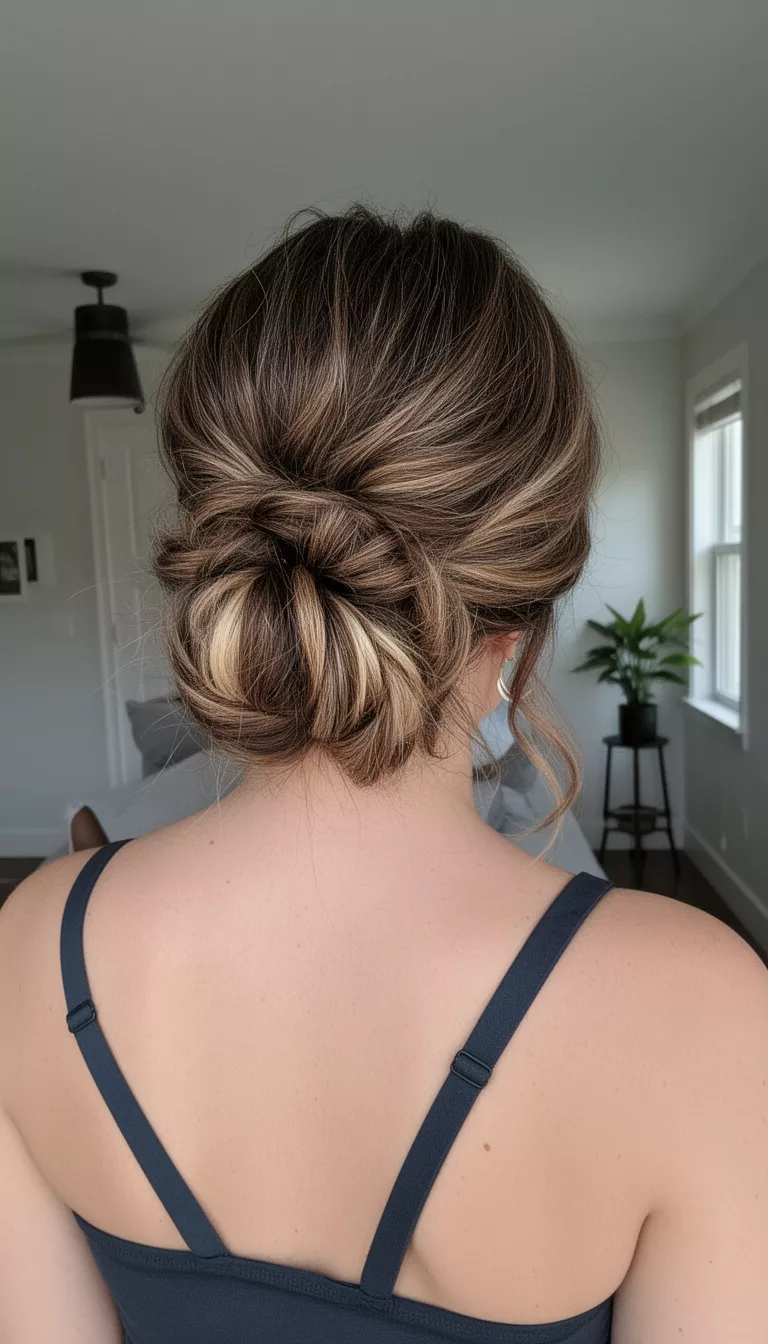 selfie of a 35-year-old woman wearing a dark strap top with a brown and blonde highlighted colored messy textured low bun hairstyle, back view, indoors background setting.
