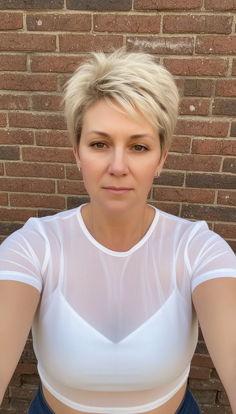 selfie of a 39-year-old woman wearing a sheer white cropped top with a blonde colored short textured hairstyle, front view, brick wall background setting.
