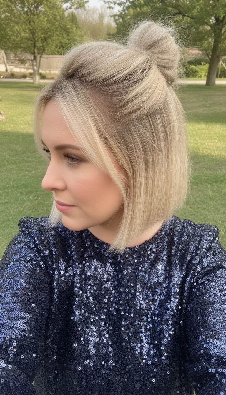 selfie of a 29-year-old woman wearing a dark shimmering sequined top with a blonde colored chin-length half-up top knot hairstyle, side view, outdoors background setting.