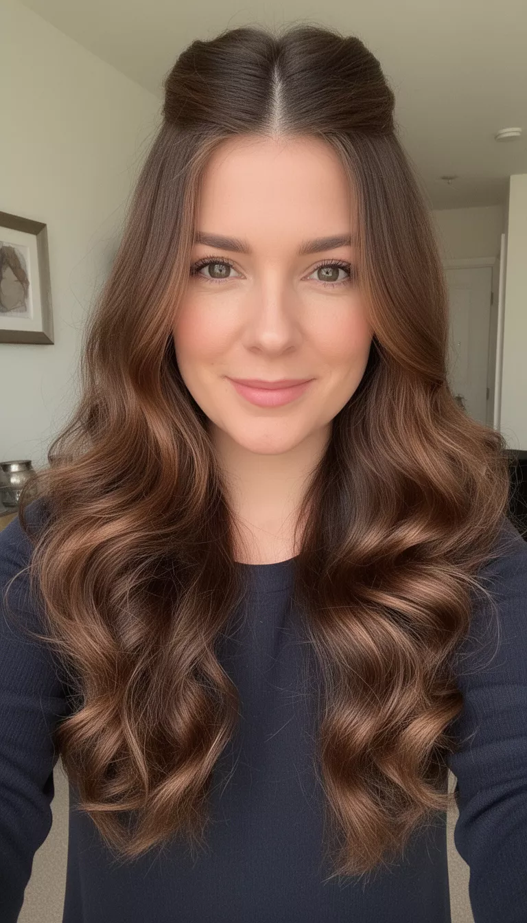 selfie of a 30-year-old woman wearing a dark top with a very long rich brown colored wavy hairstyle with a section pulled forward hairstyle, front view, indoor background setting.