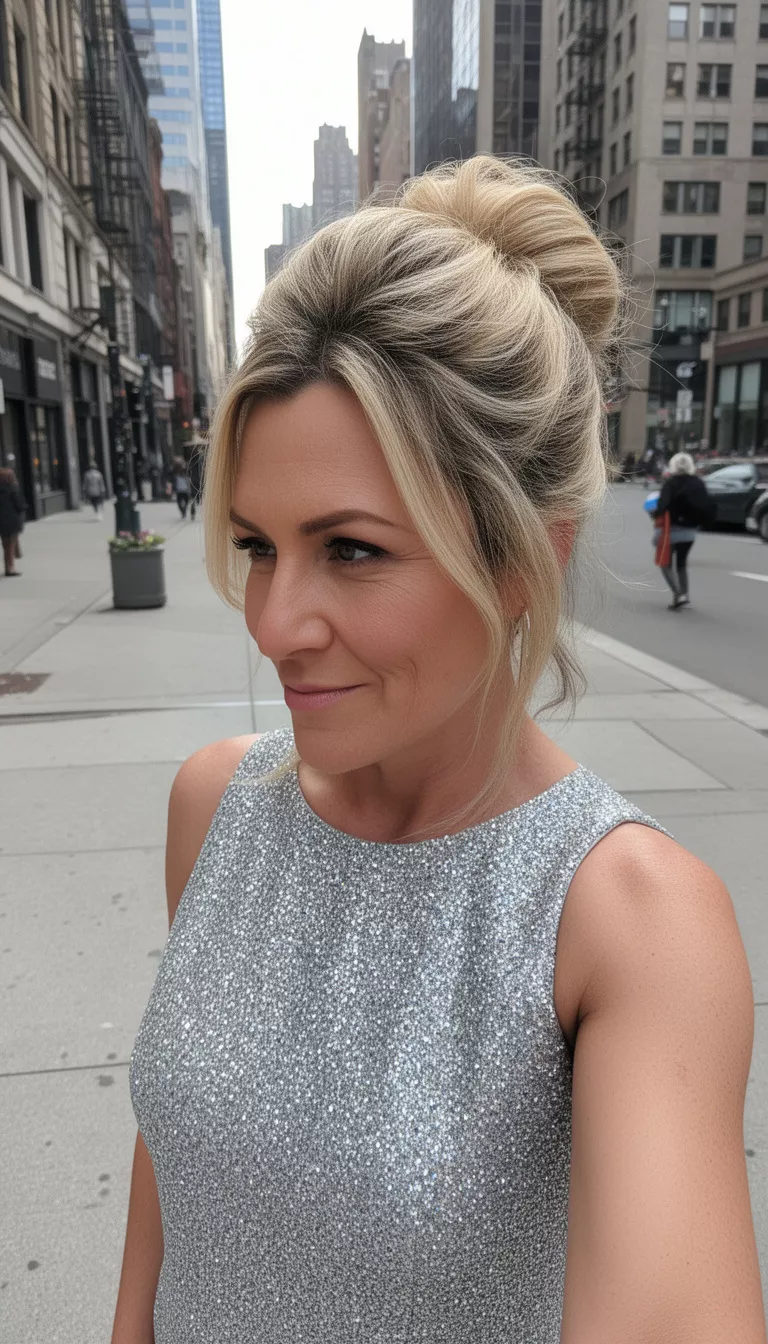 selfie of a 42-year-old woman wearing a sparkly silver sleeveless top with a blonde colored half-up with volume at the crown hairstyle, side view, outdoor city background setting.