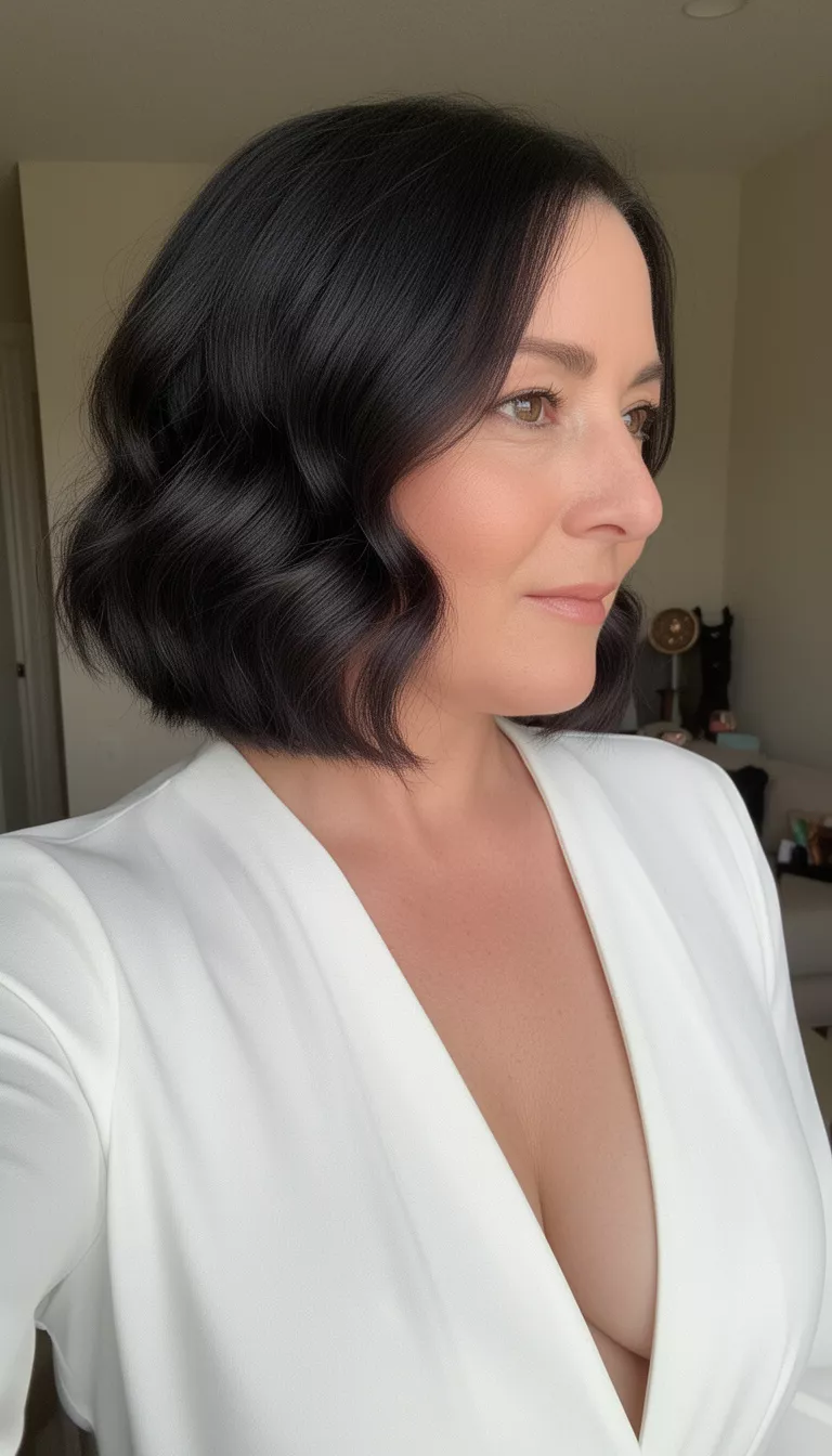 selfie of a 44-year-old woman wearing a white plunging top with a dark colored softly waved chin-length hairstyle, side view, indoor background setting.