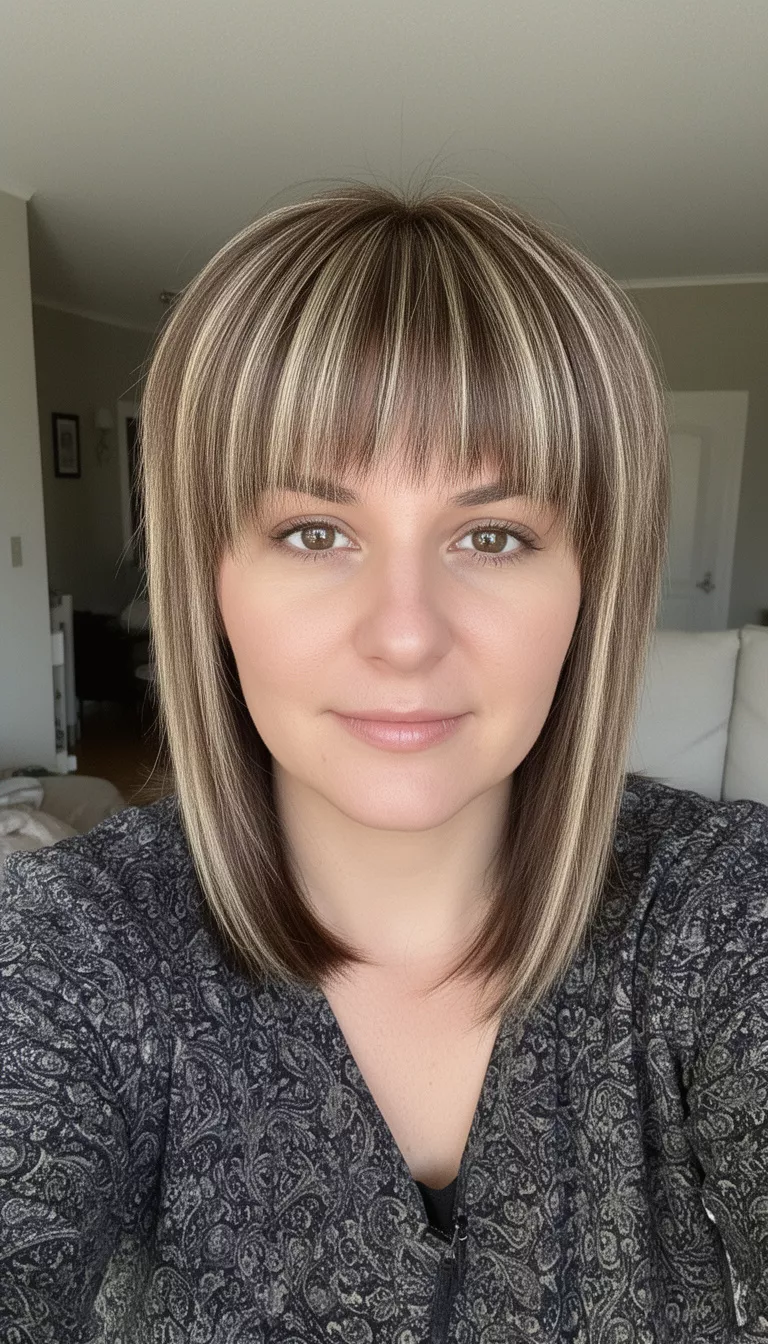 selfie of a 31-year-old woman wearing a dark patterned top with a brown hair with blonde money pieces colored layered haircut with bangs hairstyle, front view, indoor background setting.