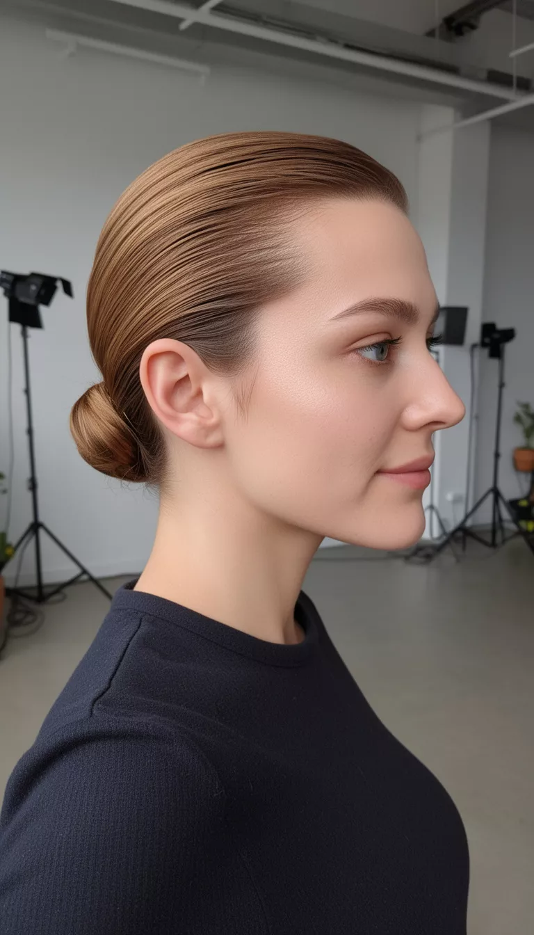 selfie of a 31-year-old woman wearing a dark top with a light brown colored slicked severe side part into a low bun hairstyle, side view, indoor studio background setting.