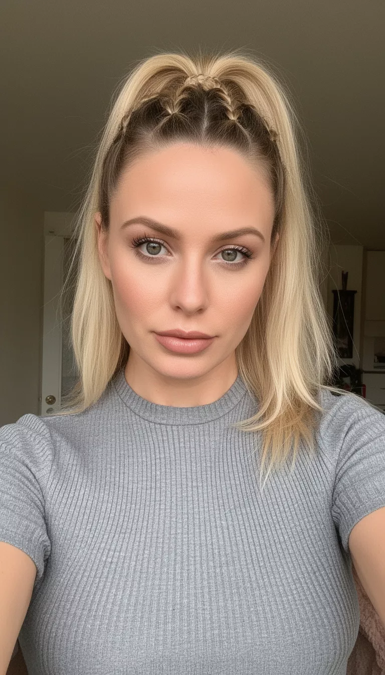 selfie of a 27-year-old woman wearing a grey ribbed top with a blonde colored high ponytail with braided sections hairstyle, front view, indoor background setting.