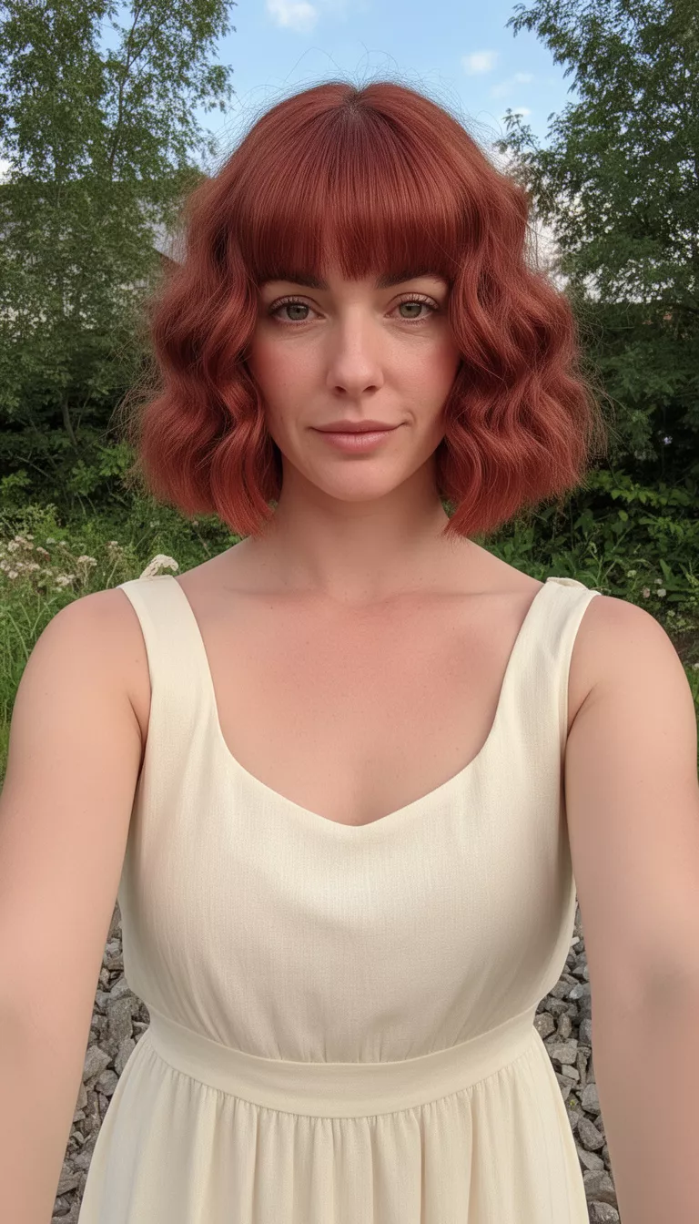selfie of a 33-year-old woman wearing a cream-colored dress with a reddish-brown colored wavy bob with short bangs hairstyle, front view, outdoors background setting.