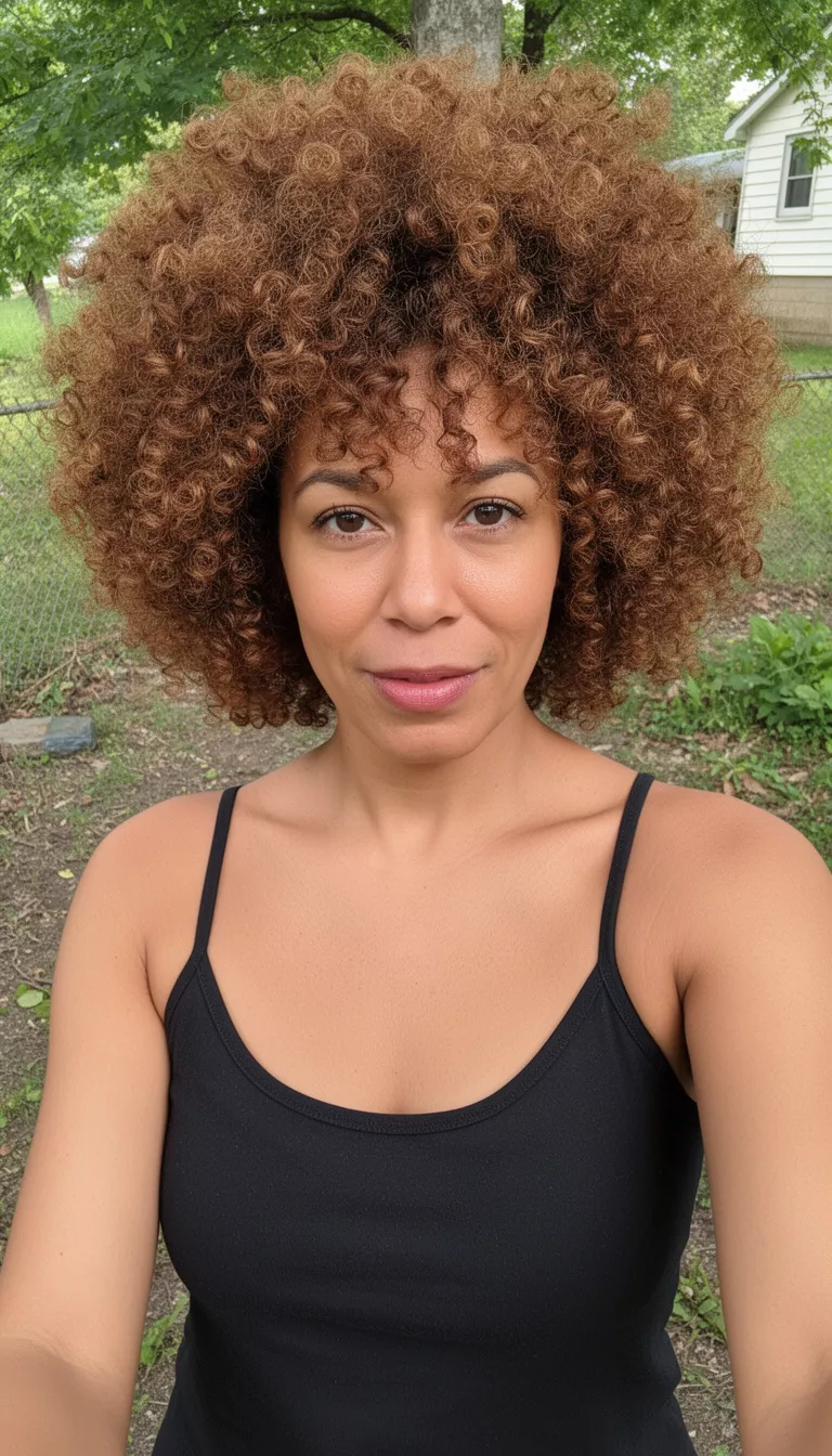 selfie of a 37-year-old woman wearing a black camisole with a brown colored voluminous tightly coiled afro-textured hairstyle, front view, outdoor background setting.