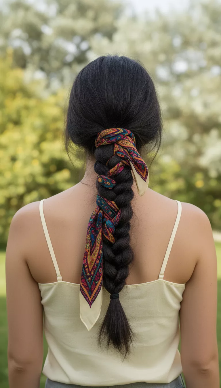 photo of a 33-year-old woman wearing a light cream camisole top with a dark colored long braid interwoven with a colorful patterned scarf hairstyle, back view, outdoors background setting.