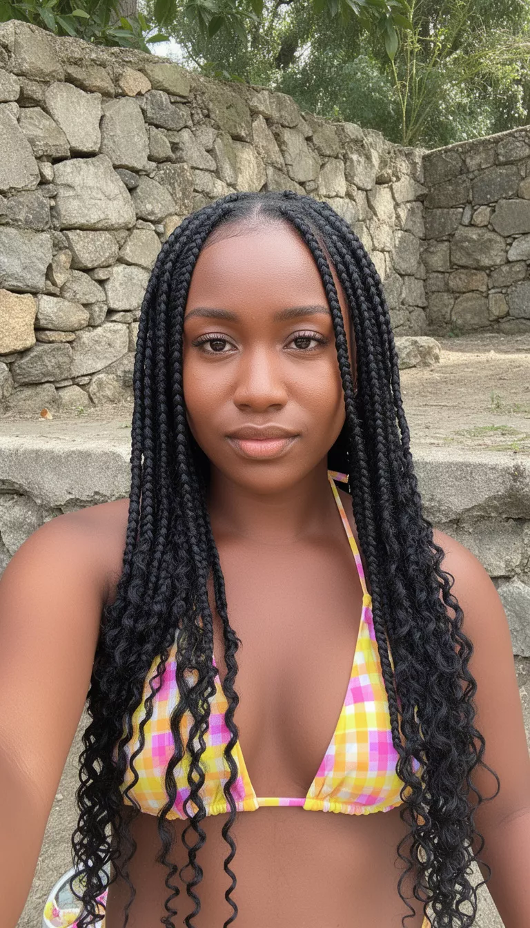 selfie of a 29-year-old black woman wearing a yellow and pink gingham bikini top with a black colored long braids with curly ends hairstyle, front view, outdoors near stone walls.