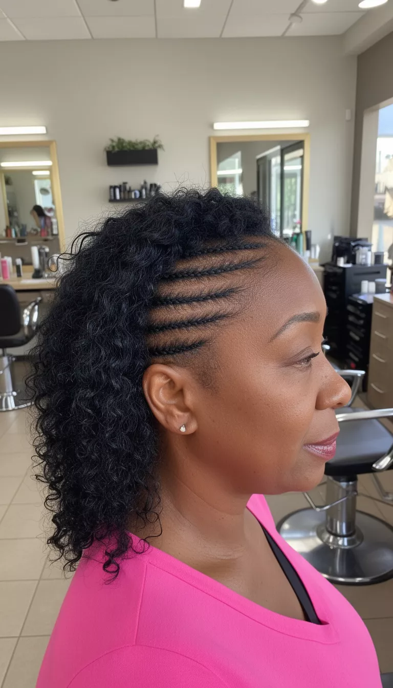 selfie of a 45-year-old black woman wearing a pink top with a black colored curly hair and side cornrows hairstyle, side view, professional salon.