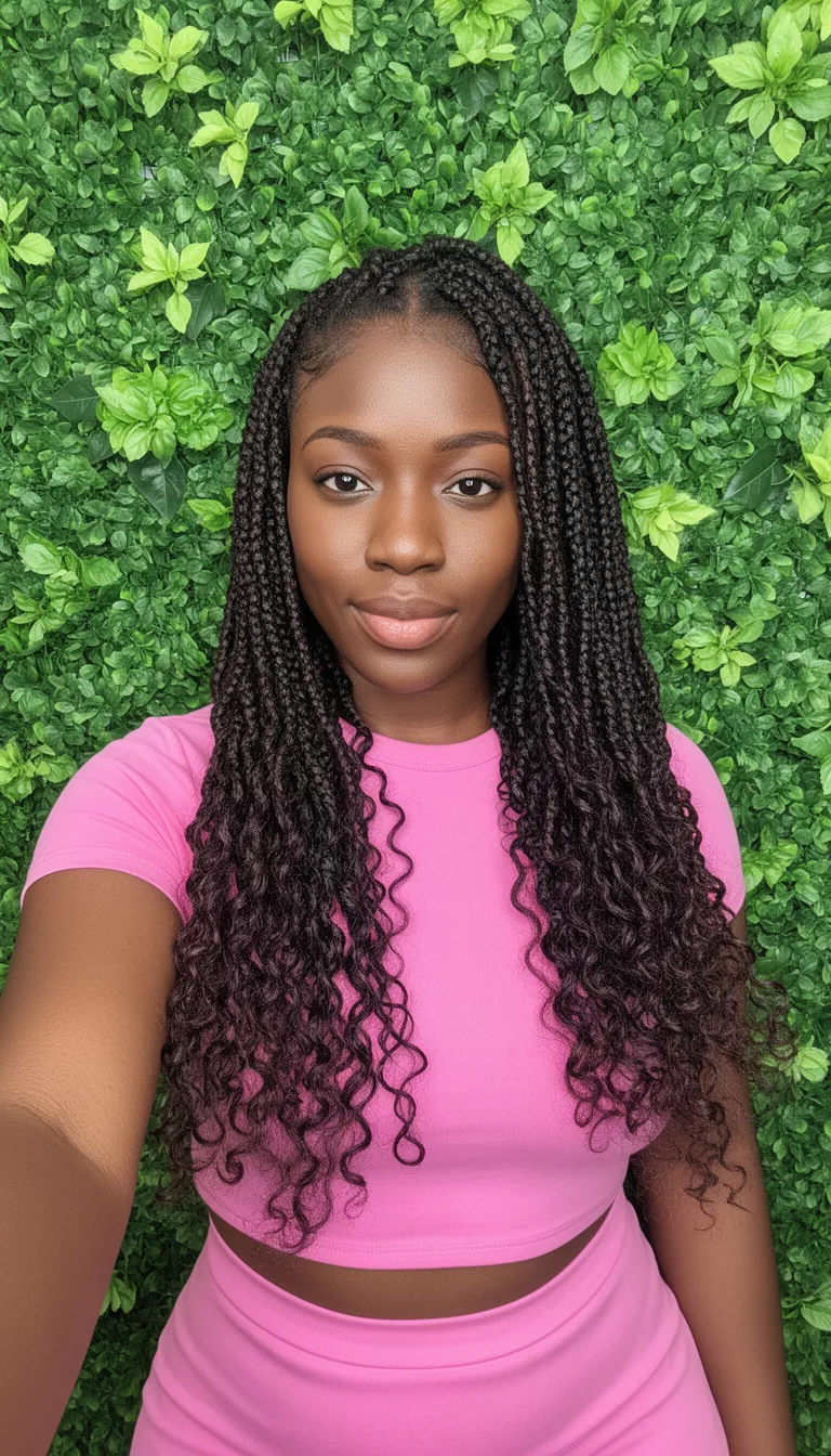 selfie of a 31-year-old black woman wearing a pink cropped top and skirt with a dark colored medium-length twist braids with curly ends hairstyle, front view, green floral backdrop.