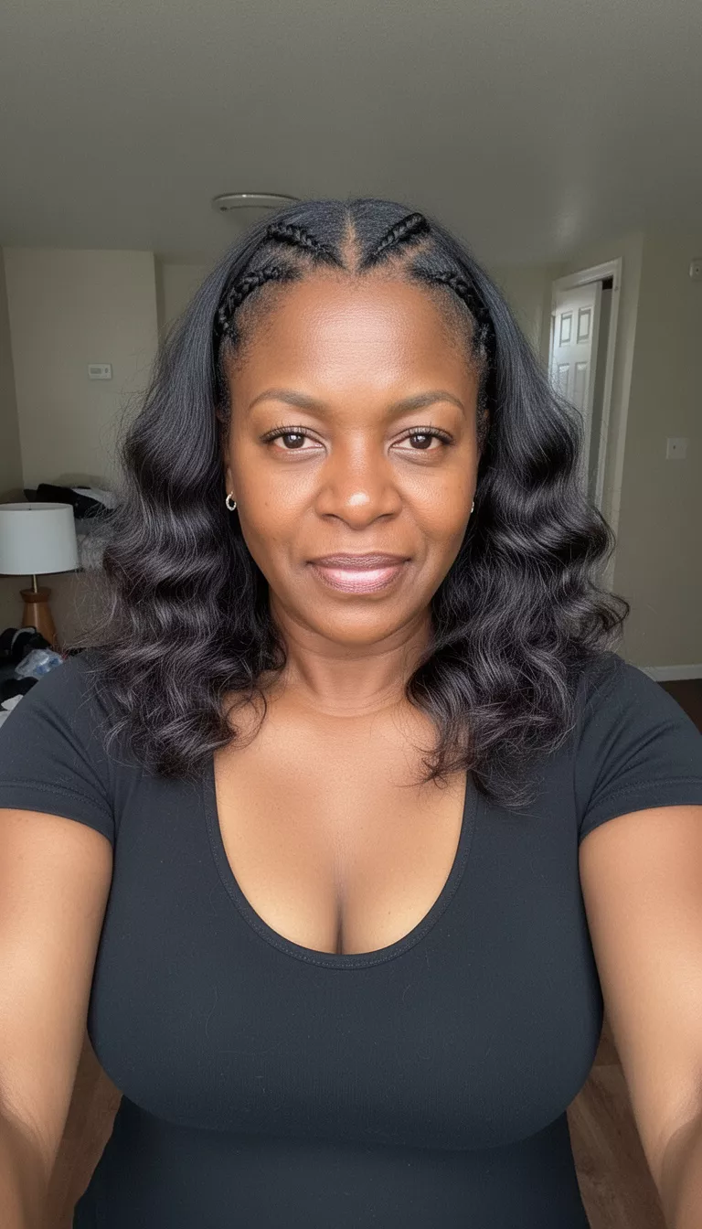 selfie of a 40-year-old black woman wearing a black low-cut top with a dark colored wavy hair and side cornrows hairstyle, front view, indoor background.