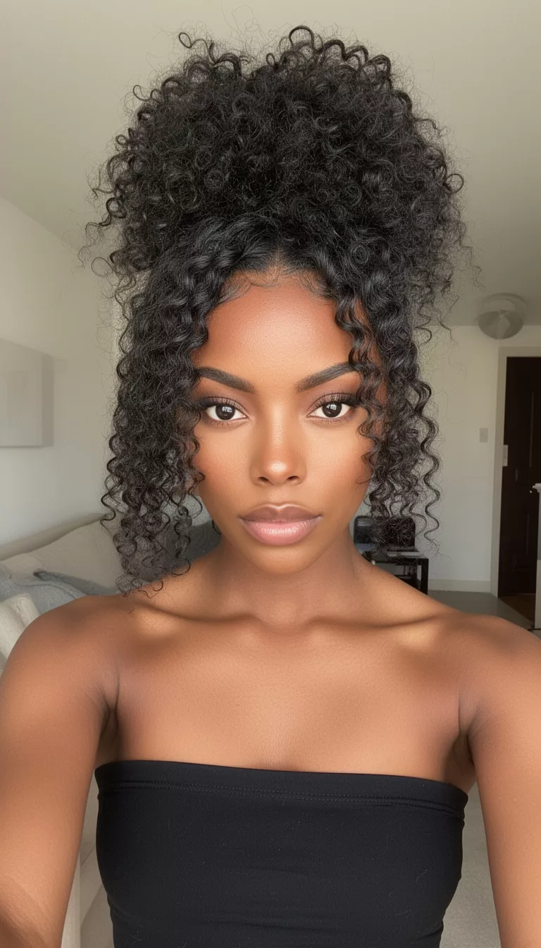 selfie of a 27-year-old black woman wearing a black strapless top with a dark colored long voluminous curly high bun hairstyle, front view, indoor setting.