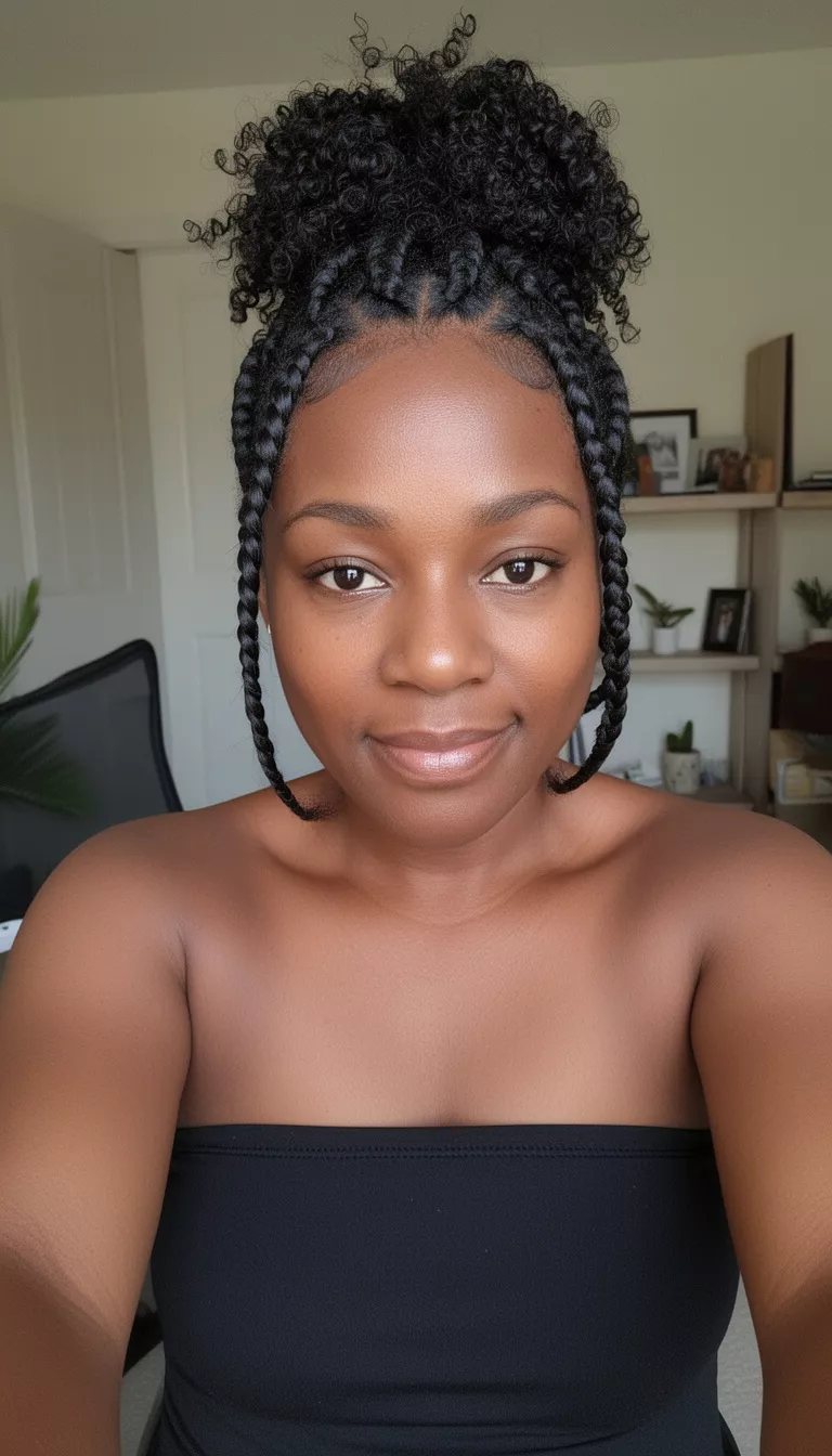 selfie of a 37-year-old black woman wearing a black strapless top with a dark colored cornrows and curly bun hairstyle, front view, indoor setting.