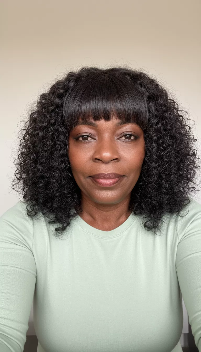 selfie of a 42-year-old black woman wearing a light sage green long-sleeve top with a dark colored voluminous curly hair and bangs hairstyle, front view, light background.