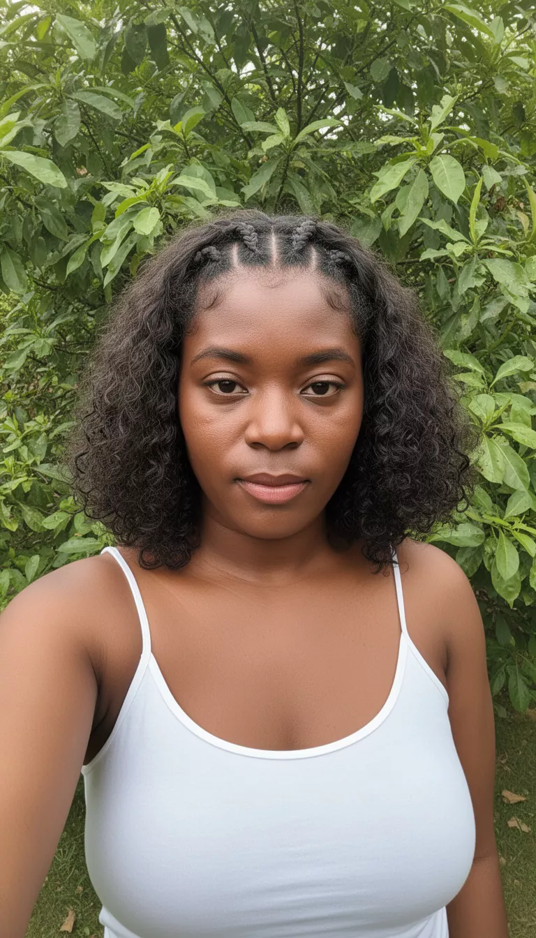 selfie of a 32-year-old black woman wearing a white string tank top with a dark colored shoulder-length curly hair and front cornrows hairstyle, front view, outdoors among green foliage.