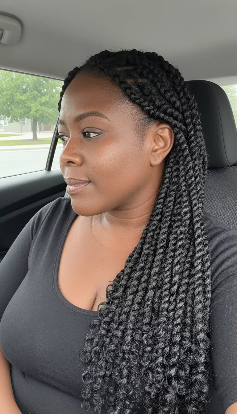 selfie of a 41-year-old black woman wearing a black top with a black colored long box braids with curly ends hairstyle, side view, inside a car.