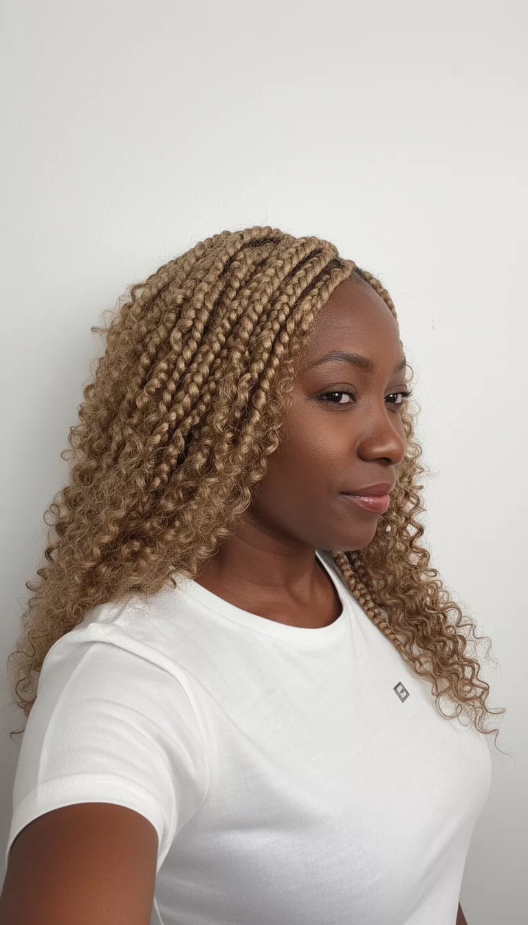 selfie of a 43-year-old black woman wearing a white t-shirt with a light brown colored box braids and curly ends hairstyle, side view, indoor against a white wall.