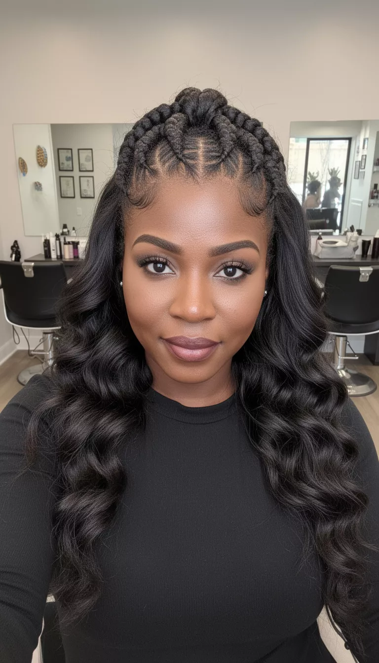 selfie of a 33-year-old black woman wearing a black top with a dark colored intricate cornrows and long wavy hair hairstyle, front view, professional salon setting.