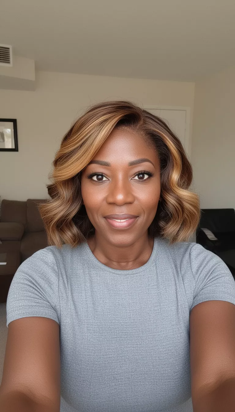 selfie of a 39-year-old black woman wearing a gray short-sleeved top with a brown and blonde highlighted wavy bob hairstyle, front view, indoor background.